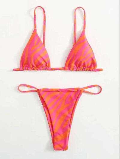 Pink and orange zebra print two-piece bikini with triangle top and high-cut tie-side thong bottom. - Image 13