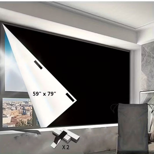 Black portable sunshade curtain partially installed on a window, showing a city view, with adhesive strips and a storage bag. - Image 6