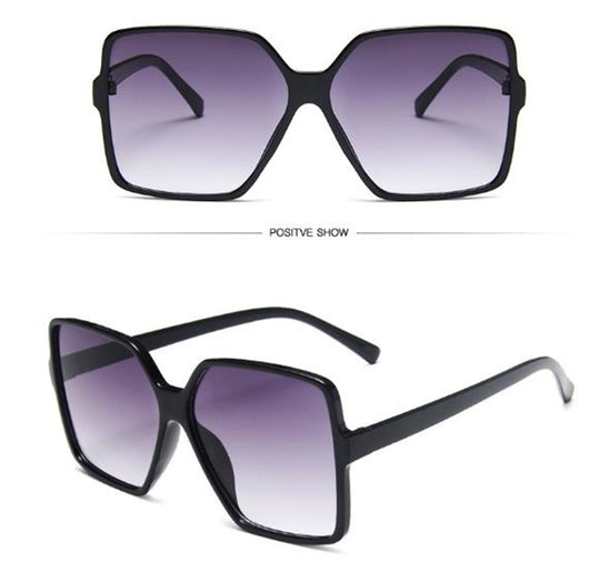 Oversized square sunglasses with a black and tortoiseshell frame and gradient purple lenses, shown from two angles.