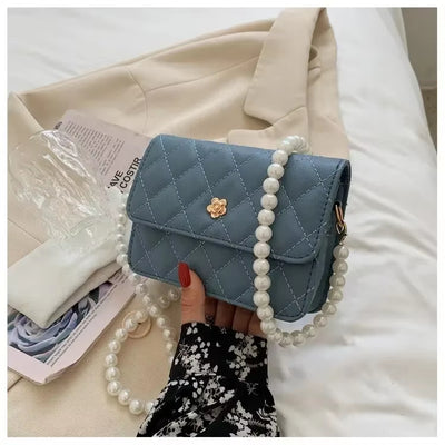 Bolso Bandolera Mujer con Cadena de Perlas y Cuadrícula de Diamantes - Image 6