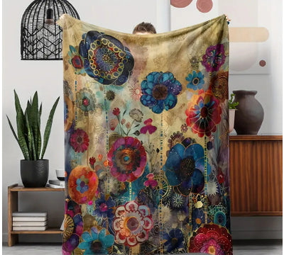 Bohemian flannel blanket with vibrant blue, red, purple, and gold floral patterns on a distressed beige background. - Image 3