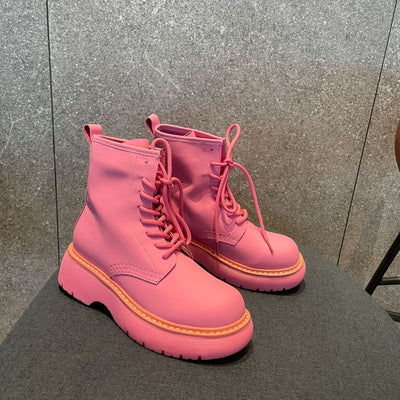 Botines Rosas de Cuero con Suela Elevada - Botas Tobilleras Versátiles para Mujer - Image 12