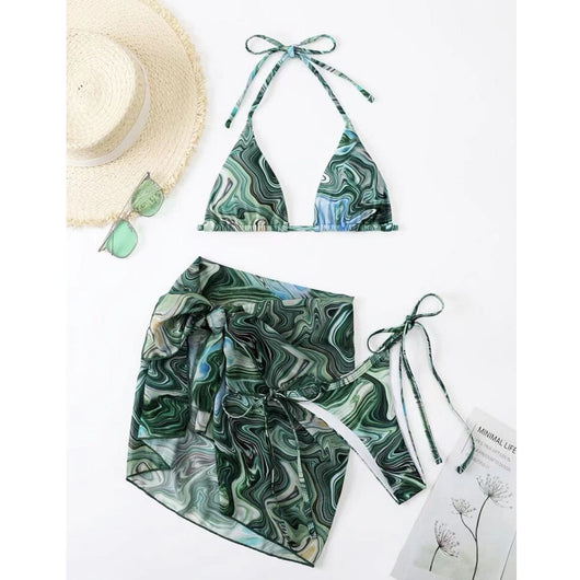 Conjunto de Traje de Baño Bikini Tres Piezas con Falda de Gasa Teñida - Image 5
