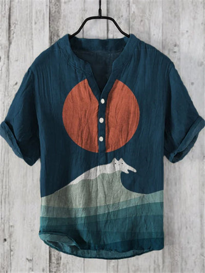 Camisa Lino Hombre Estampado Oceánico Manga Corta Suelta Casual - Image 16