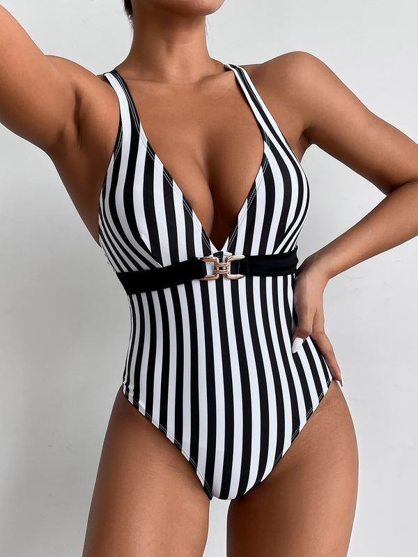 Traje de Baño Entero a Rayas Blanco y Negro