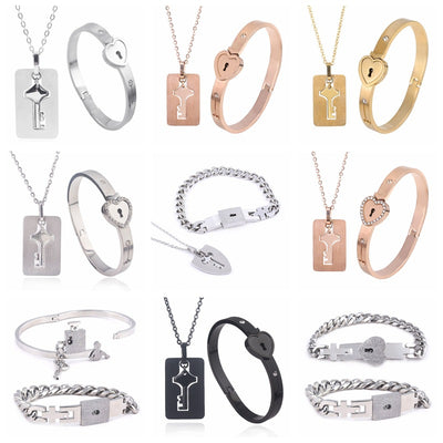 Conjunto de Joyas para Pareja de Acero de Titanio - Pulsera de Candado y Collar de Llave
