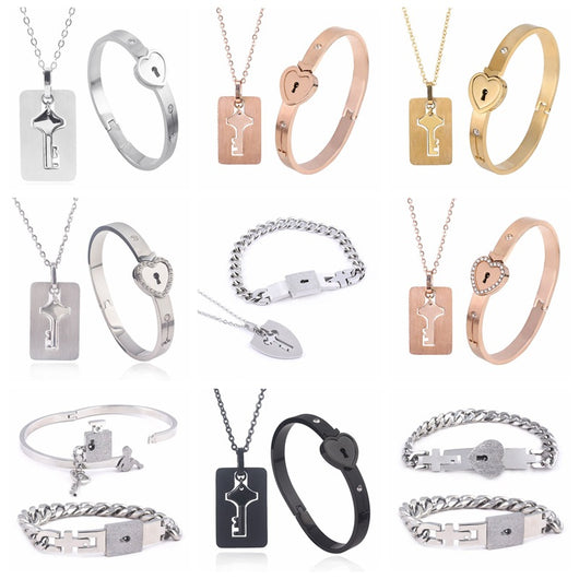 Conjunto de Joyas para Pareja de Acero de Titanio - Pulsera de Candado y Collar de Llave