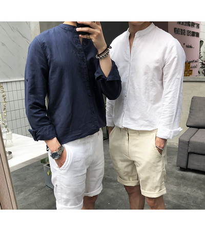 Camisa de Lino Retro con Cuello Mao para Hombre - Image 39