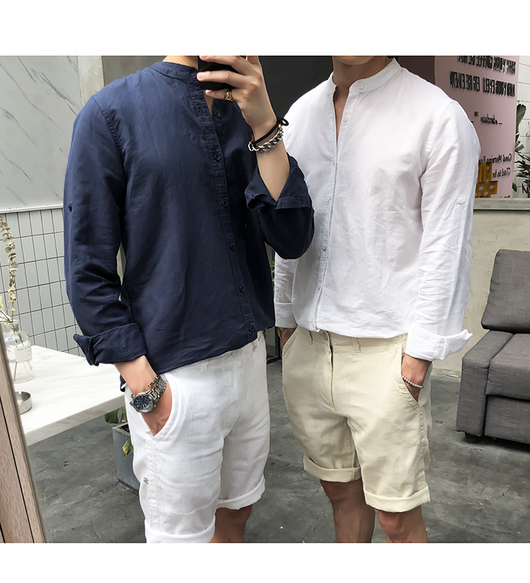 Camisa de Lino Retro con Cuello Mao para Hombre - Image 39