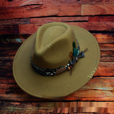 Sombrero Fedora de Fieltro de Lana con Diseño Occidental Artesanal y Pluma Decorativa - Image 4