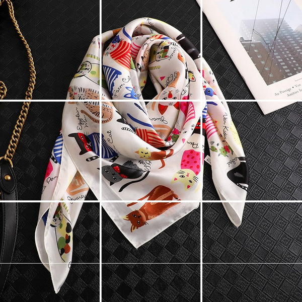 Pañuelo de Seda Estampado Gatos Cuadrado Grande Profesional para Mujer