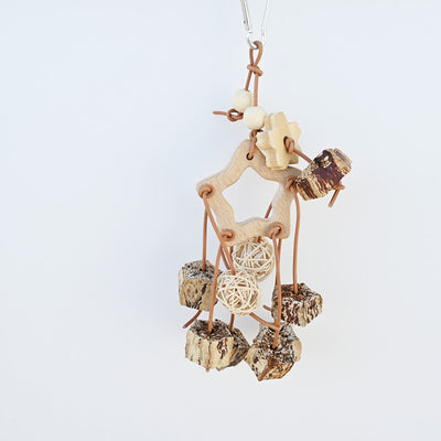 Natural bird toy with a wooden bird, ring, beads, rattan balls, and pinecones, hanging from a metal clip. - Image 12