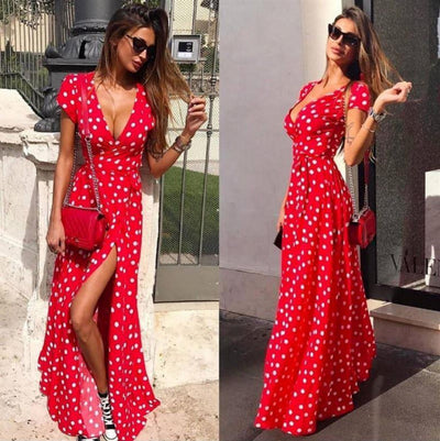Vestido Maxi Bodycon Mujer Cuello V Manga Corta con Diseño de Lunares