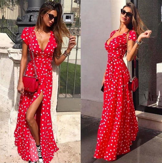 Vestido Maxi Bodycon Mujer Cuello V Manga Corta con Diseño de Lunares