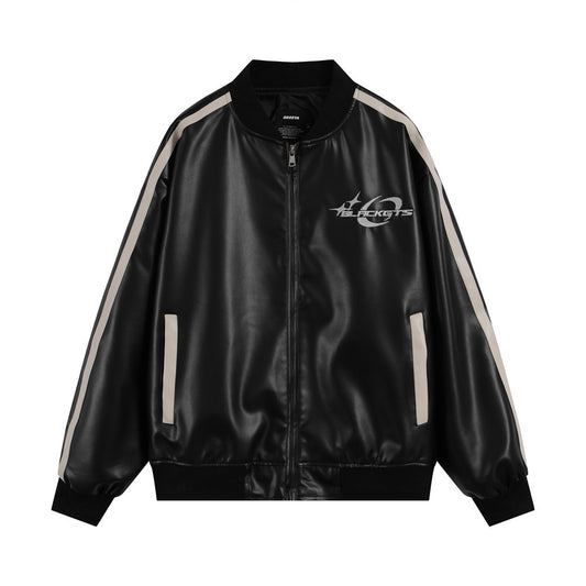 Abrigo de Cuero PU con Cuello Mao y Bordados en Contraste para Hombre