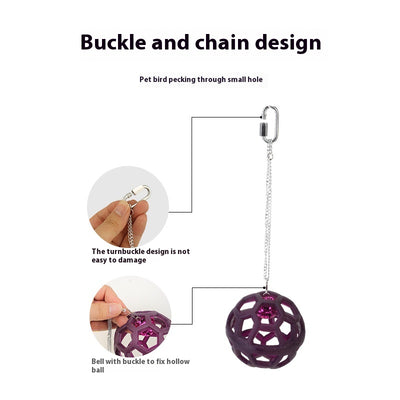 Orange hollow rubber ball bird toy with a pink bell inside, hanging from a silver chain and carabiner clip. - Image 3