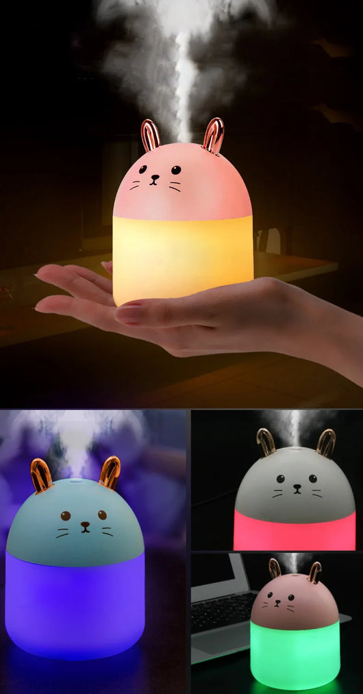 Cute sky blue and white mini USB rabbit humidifier with gold ears, ideal for home or office aromatherapy. - Image 16
