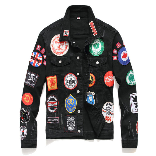 Chaqueta Denim Punk Negra para Hombre con Bordados