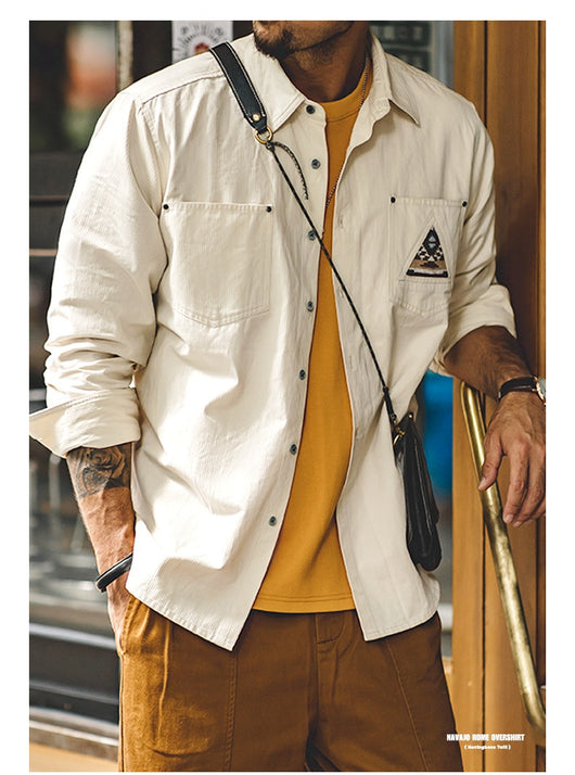 Camisa Manga Larga Estilo Retro con Totem Indígena Crema - Image 9