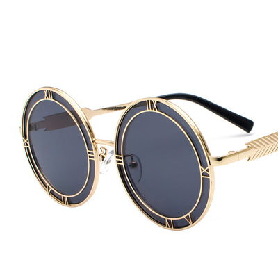 Round frame fashion sunglasses with light blue resin lenses and silver-tone metal frames featuring Roman numeral cutouts. - Image 10