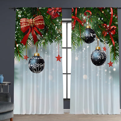Pair of Christmas curtains with a 3D digital print of a snowy winter window scene, frosted trees, and snowflakes. - Image 6