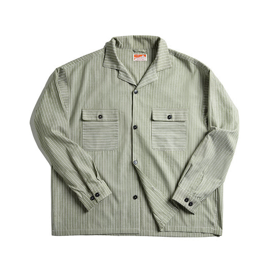 Camisa Manga Larga Cuello Cubano a Rayas Amarillo Vintage para Hombre - Image 2