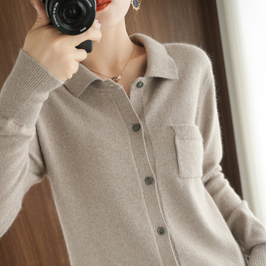 Cardigan de Cashmira Suelta con Solapa y Color Sólido para Mujer POLO