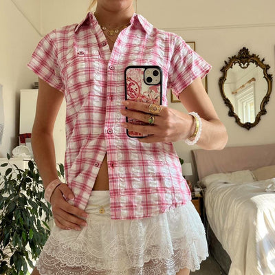 Camisa Cuadros Mujer Manga Corta Suelta Versátil - Image 6