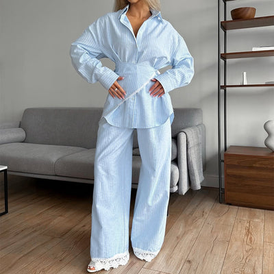 Conjunto de 3 Piezas: Camisa Casual a Rayas con Solapa y Pantalón Ancho - Image 26