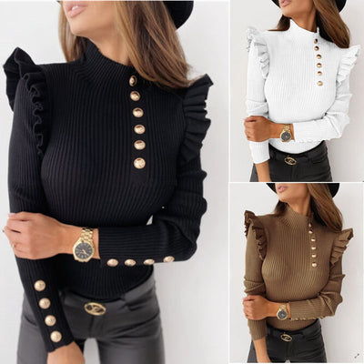 Blusa de Manga Larga con Volantes y Botones para Mujer - Otoño/Invierno