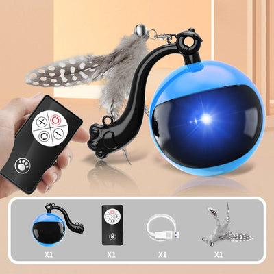 Blue and black rotating cat teasing ball with light, sound, and feather toy, controlled by a remote. - Image 4