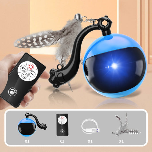 Blue and black rotating cat teasing ball with light, sound, and feather toy, controlled by a remote. - Image 4