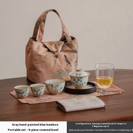 Juego de Té Gaiwan Porcelana Pintada a Mano con Diseño Bambú Azul - Image 5