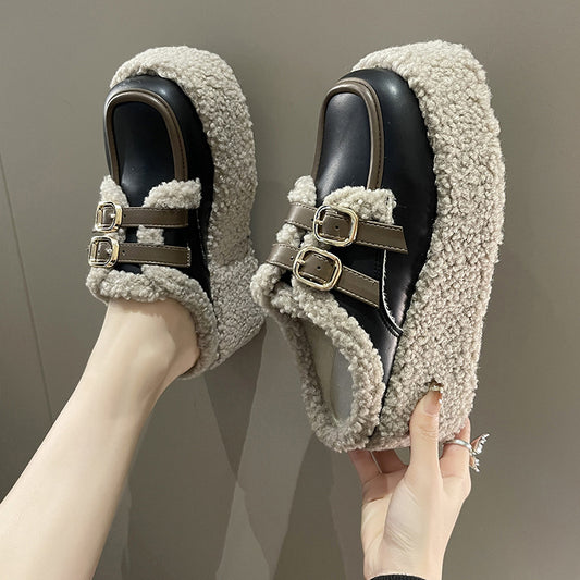 Pantuflas Tipo Cuña con Hebilla de Moda Coreana y Forro Polar - Image 2