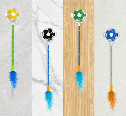 Interactive cat toy with a blue and white soccer ball, a flexible yellow rod with bells, and a blue feather. - Image 7