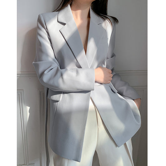Blazer Holgado Gris Azulado con Estilo Coreano Minimalista para Mujer