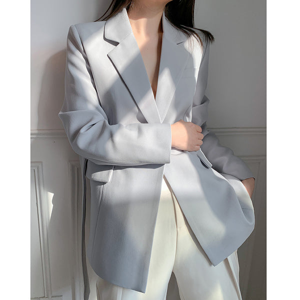 Blazer Holgado Gris Azulado con Estilo Coreano Minimalista para Mujer