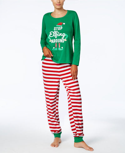 Kids' green long-sleeve Christmas pajama top with an elf graphic and matching red and white striped pants. - Image 11