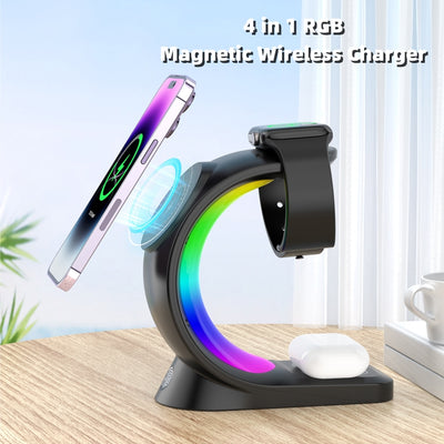 Cargador Inalámbrico Magnético 4 en 1 con Luz Ambiente para iPhone, Apple Watch y AirPods Pro