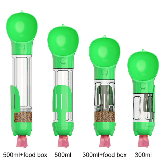 Four teal pet multi-functional water bottles, two with food boxes, in 300ml and 500ml sizes. - Image 27