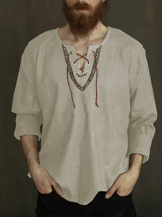 Camisa Holgada con Cordones y Estampado de Cuello V Manga Larga para Hombre - Image 10