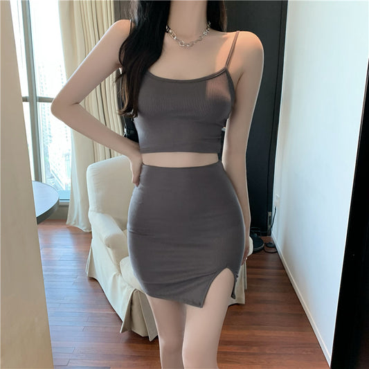 Conjunto de Dos Piezas Tejido Estilo Occidental - Falda Corta Ombliguera con Abertura y Bolsa - Image 2