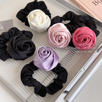 Anillo para Cabello de Satén con Rosa Hecha a Mano - Alta Elasticidad