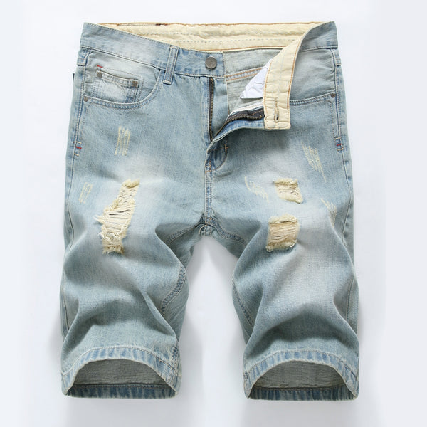 Shorts de Mezclilla Slim Ajustado con Rotos en Tono Claro