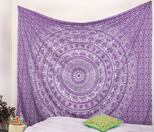 Gold and blue mandala tapestry with elephant and floral patterns, hung above a white quilted bed. - Image 6