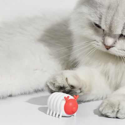 White and red interactive cat toy shaped like a segmented caterpillar with small legs and antennae. - Image 3