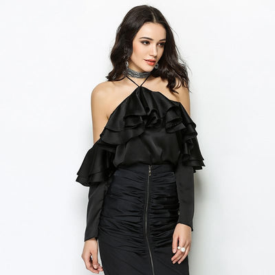 Blusa Casual de Manga Larga con Volantes y Escote Halter - Image 12