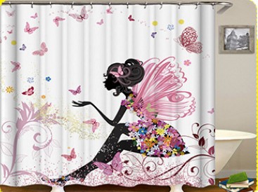 African girl digital print shower curtain featuring an abstract purple design with a woman wearing a large floral headdress. - Image 4