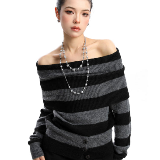 Suéter Coreano Bicolor Hombros Descubiertos para Mujer - Otoño e Invierno