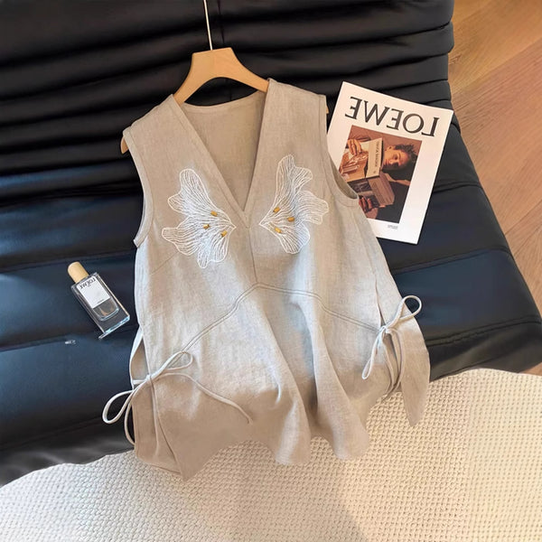 Chaleco de Lino Bordado Escote V Mujer - Elegante, Suelto y Estilizador